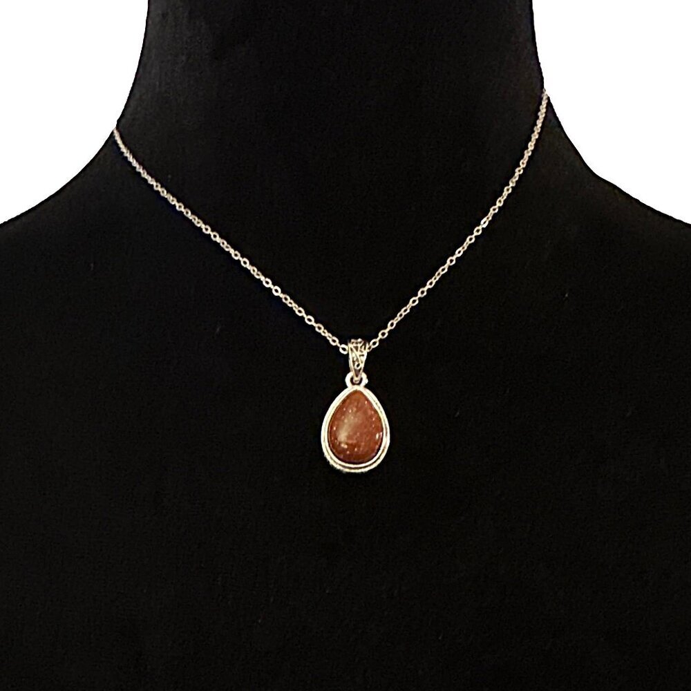 Goldstone Teardrop Pendant Necklace Silver Tone Adjustable Length